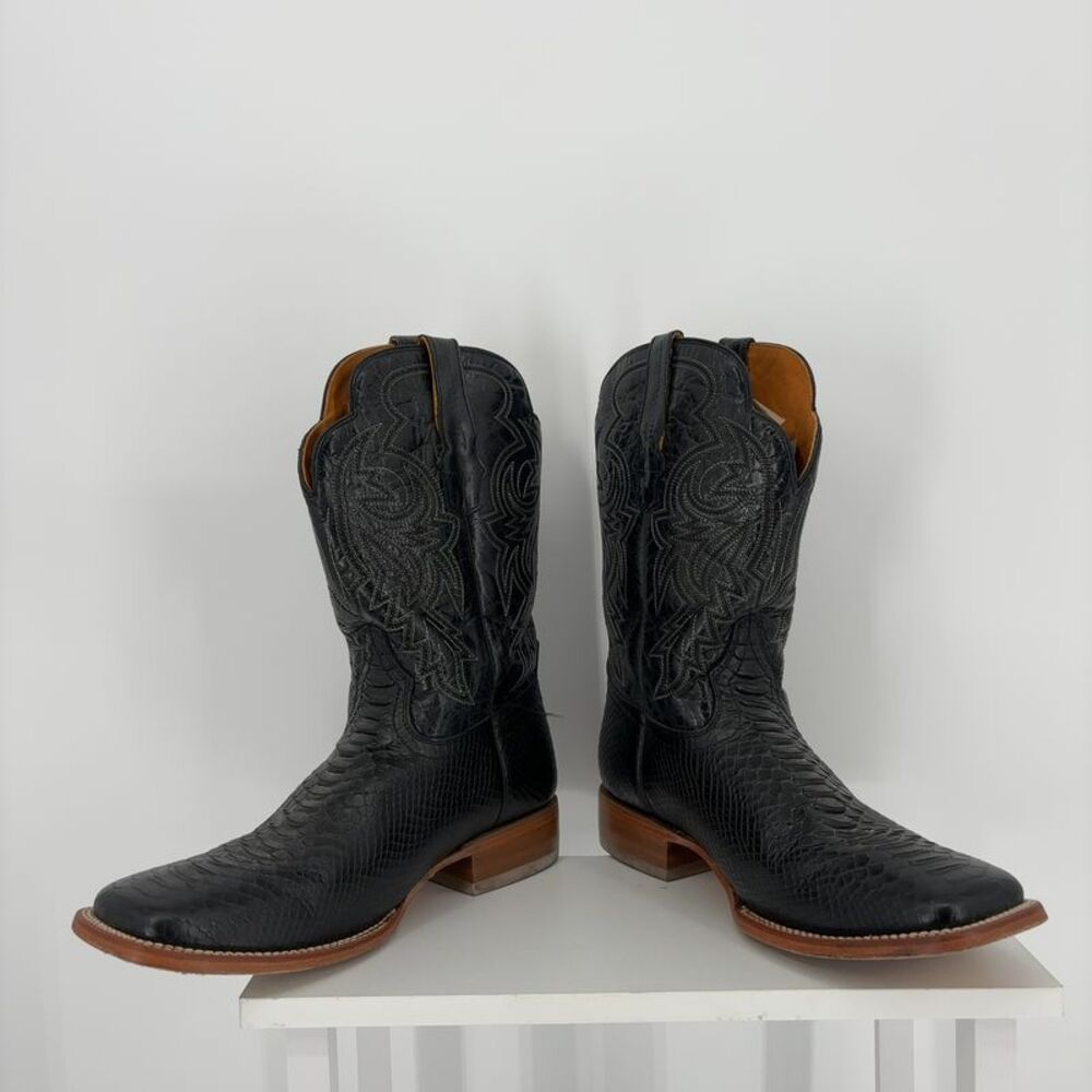 Alfa Western Cowboy Boots Black Python Snakeskin Printed Square Toe